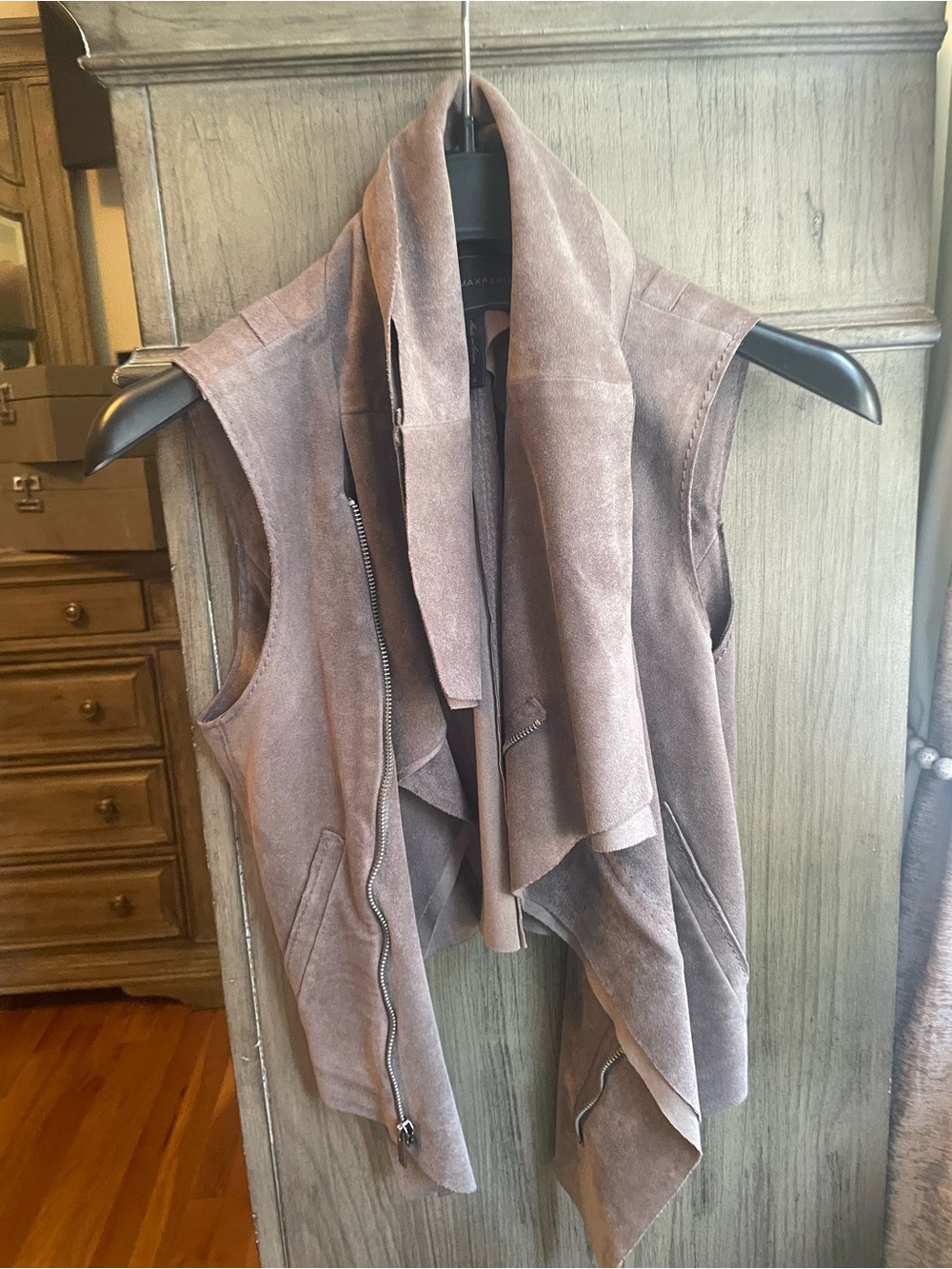 BCBGMaxAzria Taupe Suede Draped Sleeveless Vest